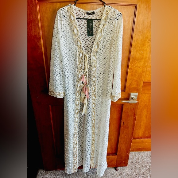 Laura Jane Paris Womens White Gold Sequin Lace Long Kimono Cover Size S